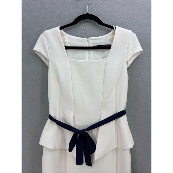 Zara Womens Neutral Cream Cap Sleeve Belted Peplum Mini Pencil Dress Size Medium - Picture 3 of 10